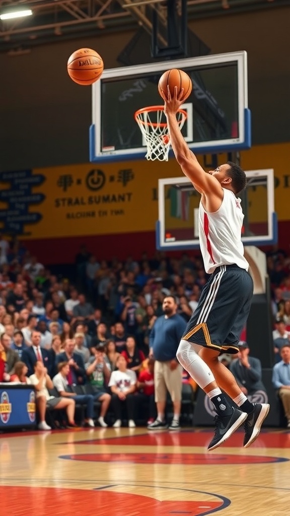 A basketball player executing the Stephen Curry 0.5 shooting drill on a court.